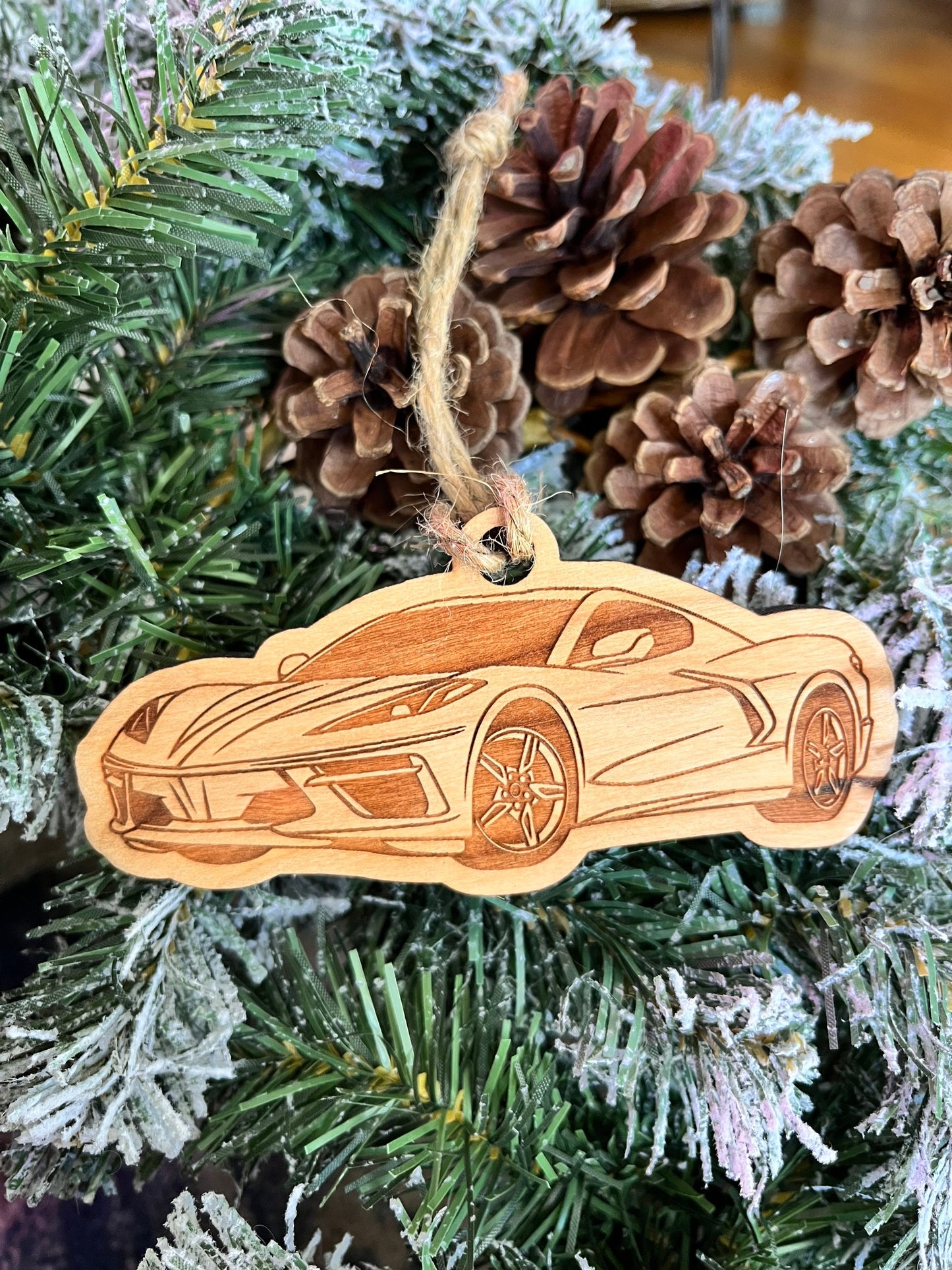 Personalized Chevy Corvette Ornament (walnut or cherry)