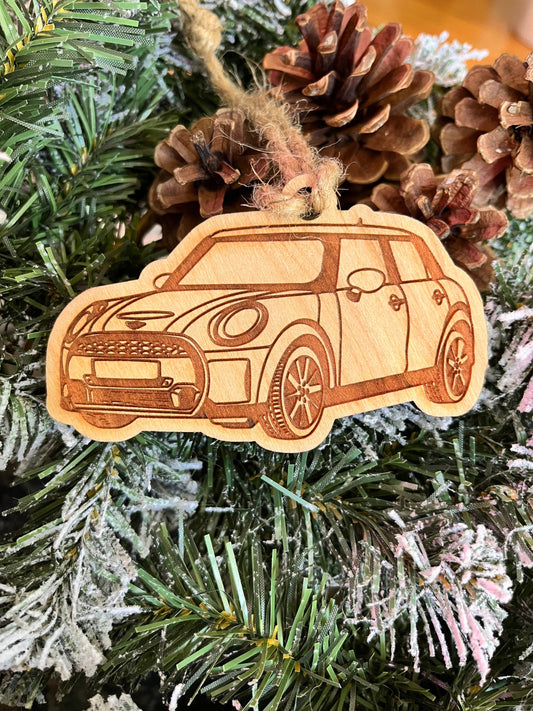 Personalized Mini Cooper Ornament (walnut or cherry)