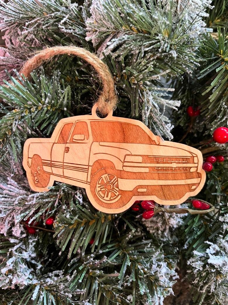 Personalized Chevy Silverado Inspired Ornament (walnut or cherry)
